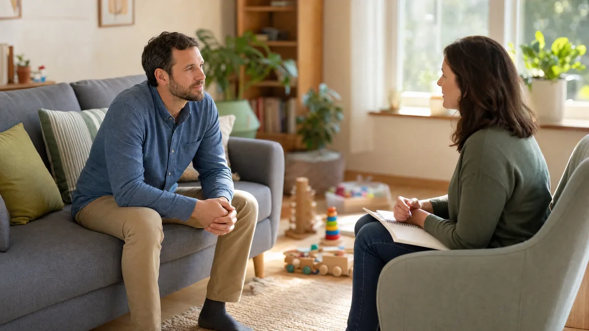 A father sitting on a sofa listens to a clinician with an open notebook, mid-conversation.
