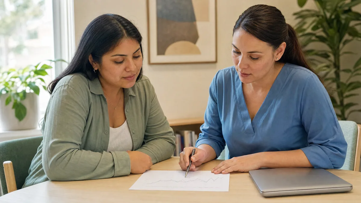 A parent and a clinician sitting together at a table, looking at a printed progress graph.