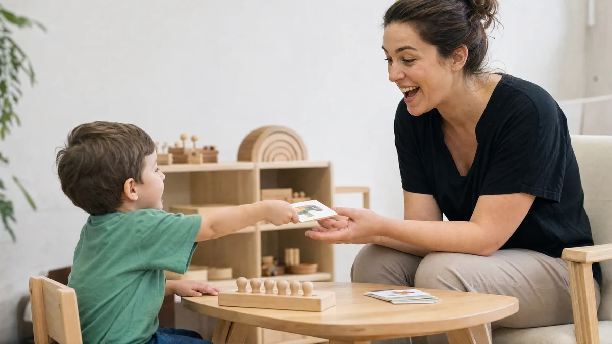 A child hands a picture card to a therapist who responds with visible delight.