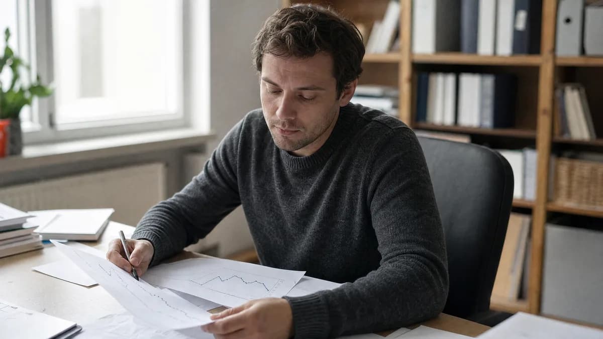 A clinician at a desk reviewing printed progress graphs, pen in hand.