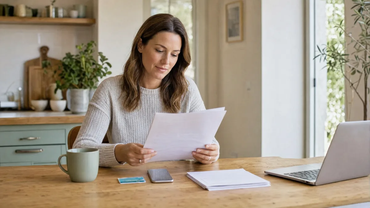 A parent at a kitchen table with an insurance card, a phone and a laptop, reading calmly.