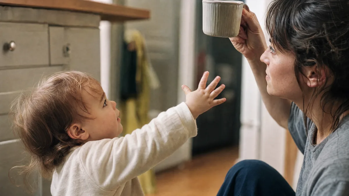 A toddler reaching toward a cup held by a waiting adult at their eye level.