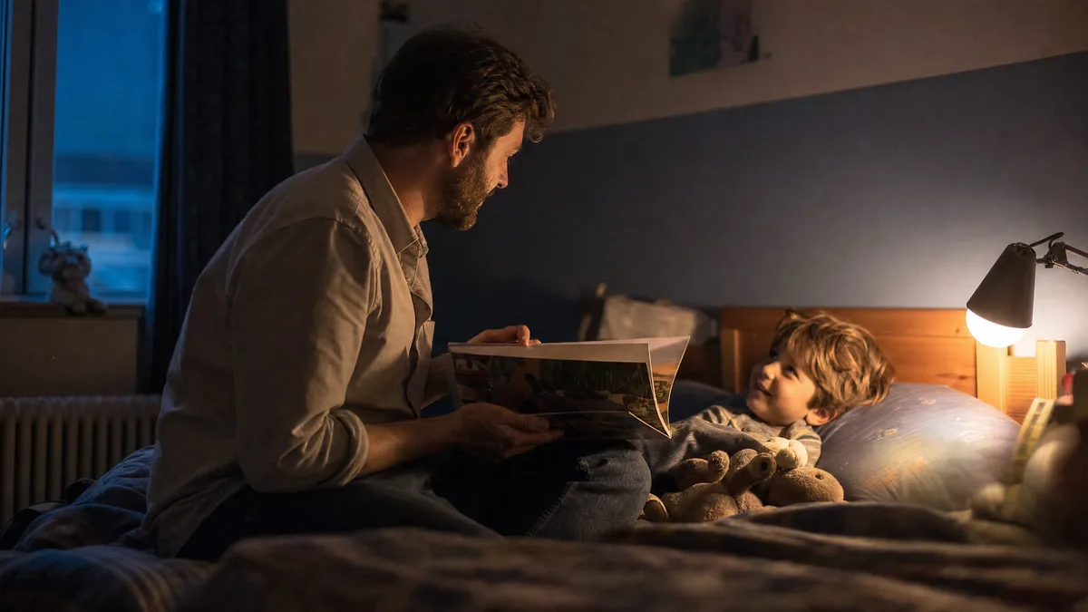 A parent reading a picture book to a child tucked into bed, lit by a bedside lamp.