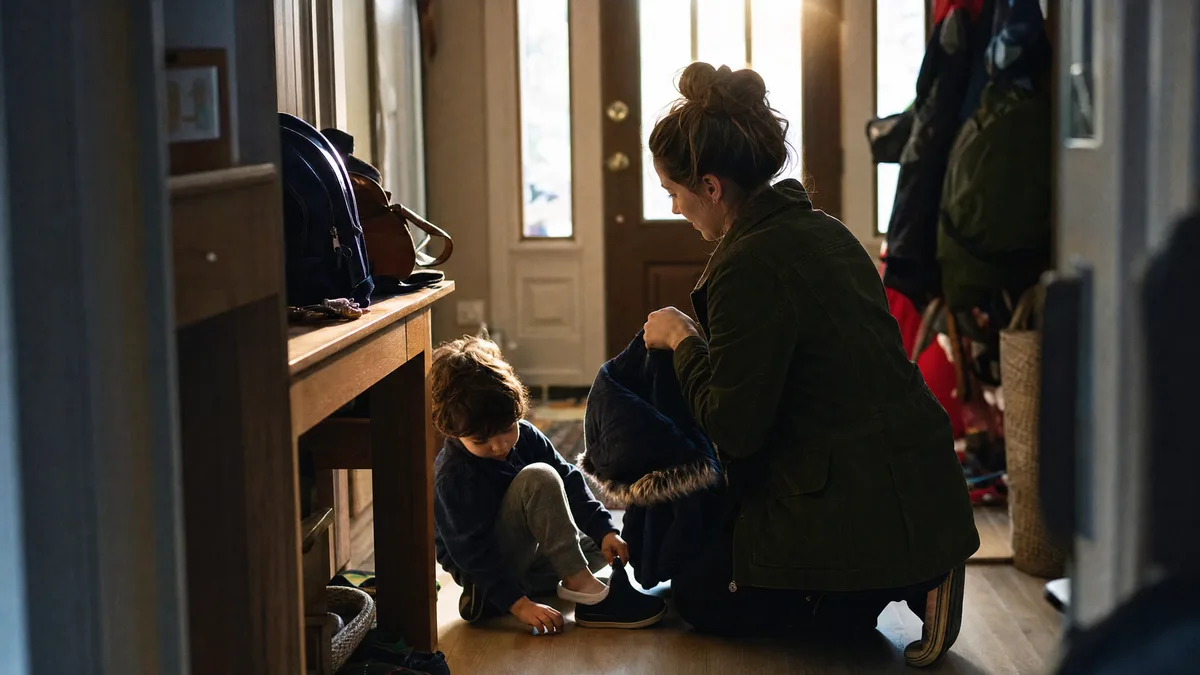 A parent kneeling by the front door helping a small child into a shoe, early morning light.