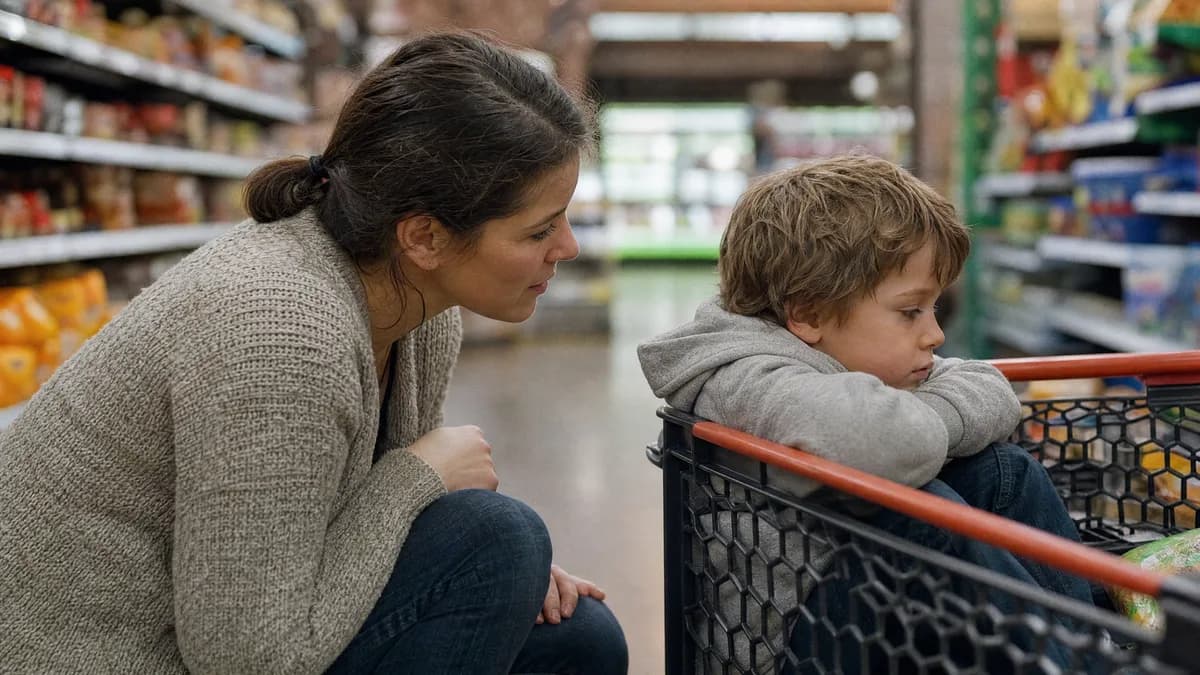 A parent crouched to their child's level in a supermarket aisle, speaking gently.
