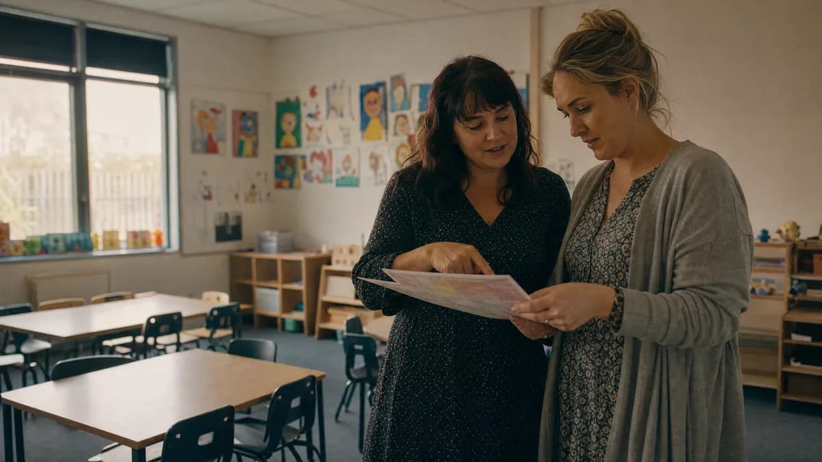 A teacher and a visiting specialist looking over a printed chart together in an empty classroom.