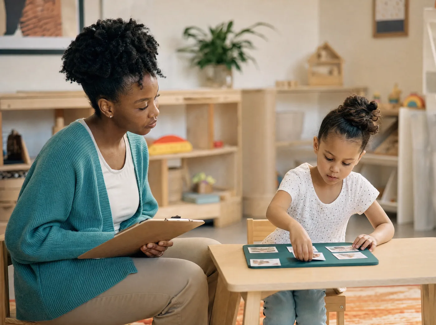 A behavior therapist sitting at a low table, watching a young girl place picture cards on a board.
